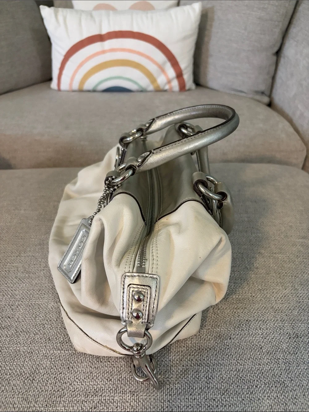 Coach Cream Satchel with Metallic Silver Accents - Picture 4 of 8